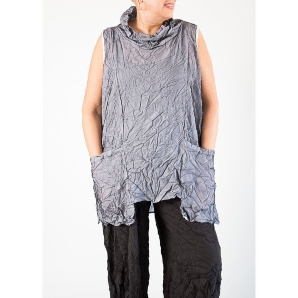 Comfy USA Debra Tunic Large Gray Black Mesh Crinkle Cowl Neck Sleeveless NWT